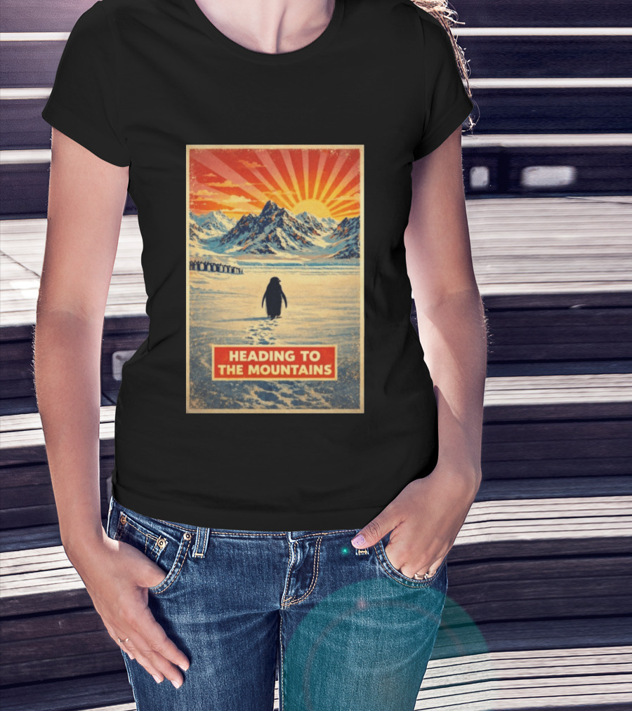 Penguin Journey Heading To The Mountains Sunrise T-Shirt