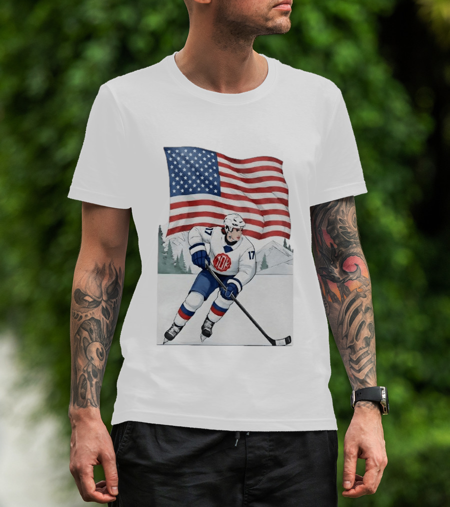 USA Hockey Player Number 17 American Flag Winter Olympics T-Shirt