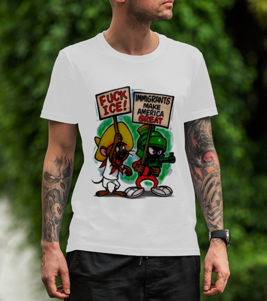 Fuck Ice Immigrants Make America Great Characters With Signs T-Shirt