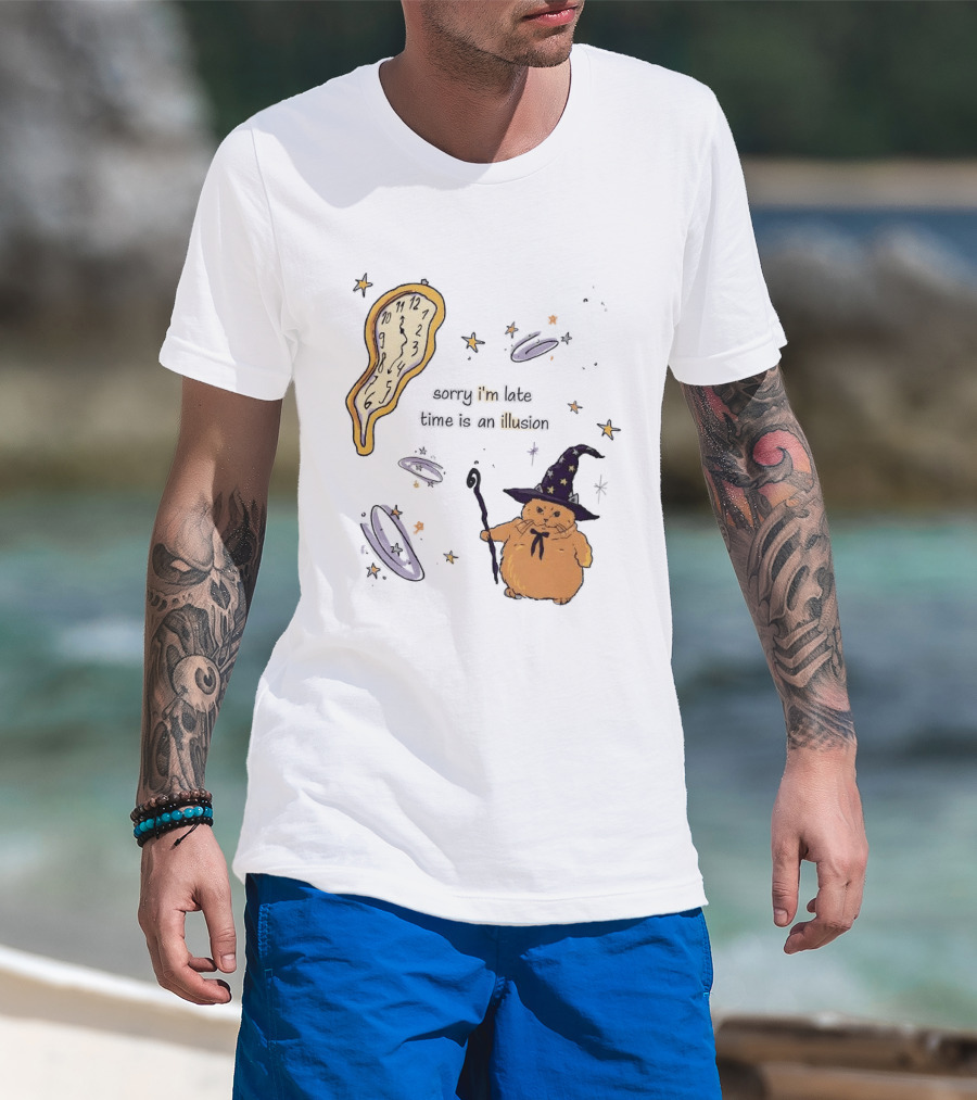 Sorry I'm Late Time Is An Illusion Time Traveling Witch Cat With Melting And Magic Wand T-Shirt