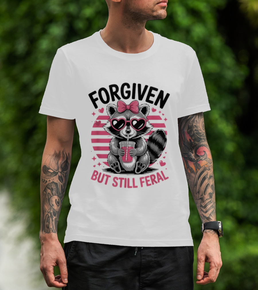 Forgiven But Still Feral Raccoon With Heart Glasses And Bow T-Shirt