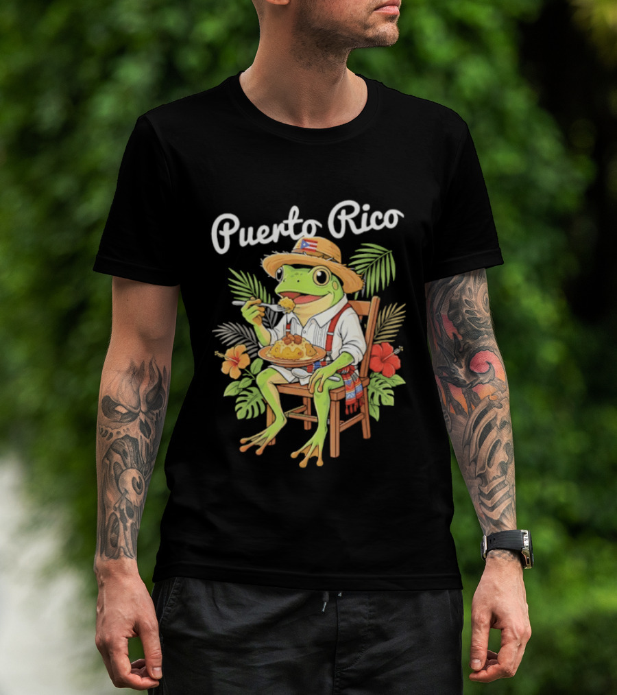 Puerto Rico Coqui Frog Eating Mofongo Taino Boricua Flag Hispanic T-Shirt