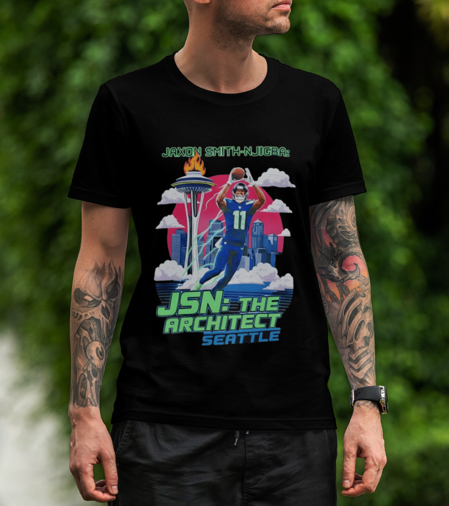 Jaxon Smith Njigba JSN The Architect Seattle Football Skyline T-Shirt