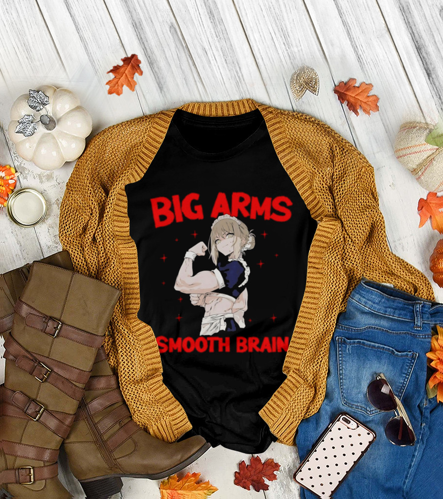 Big Arms Smooth Brain Anime Maid Flexing Strong Muscles T-Shirt