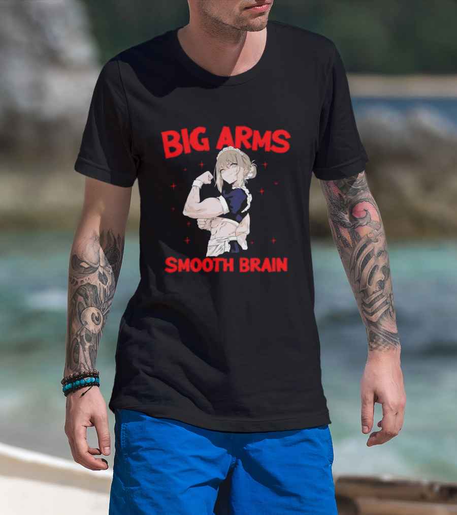 Big Arms Smooth Brain Anime Maid Flexing Strong Muscles T-Shirt
