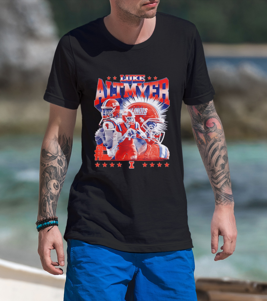 Luke Altmyer Illinois Football NCAA Legends Player Collage Helmet Stars T-Shirt