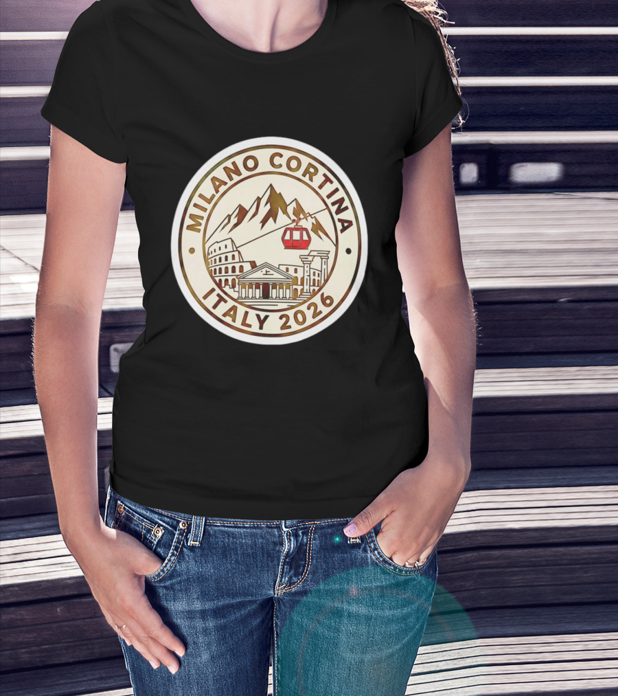 Milano Cortina Italy 2026 Winter Sports Emblem With Italian Landmarks And Mountains T-Shirt