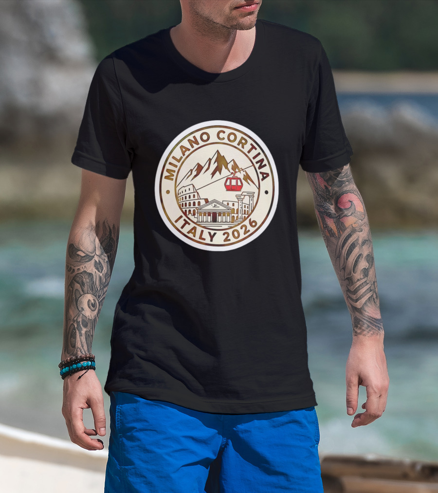 Milano Cortina Italy 2026 Winter Sports Emblem With Italian Landmarks And Mountains T-Shirt
