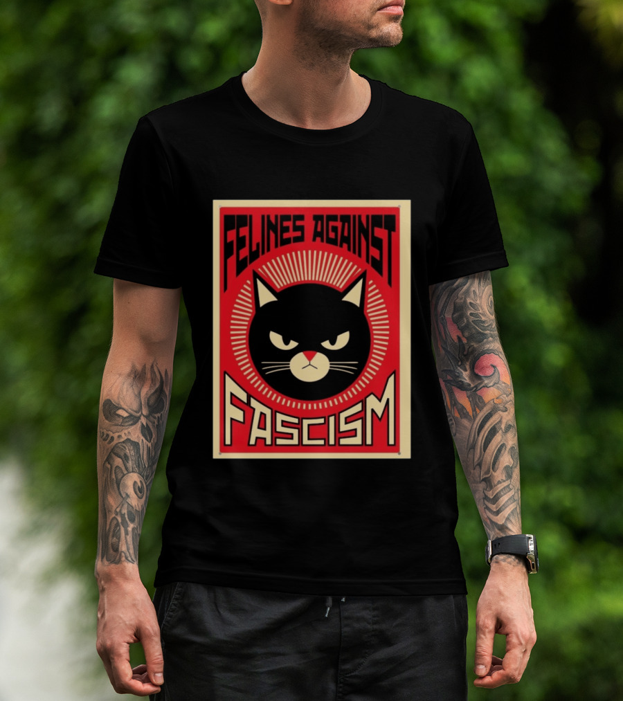 Felines Against Fascism Black Cat Political Satire Lorenzo T-Shirt