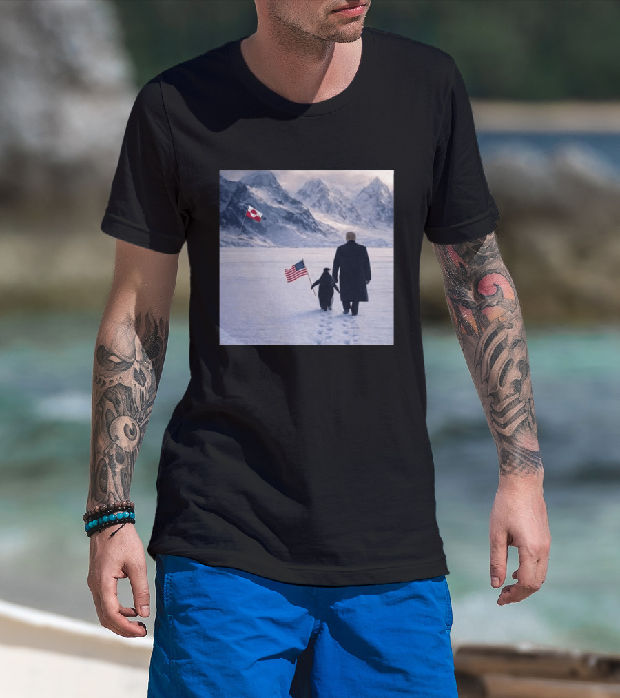 Nihilist Penguin Walking With Trump Antarctica American Flag Greenland Flag T-Shirt