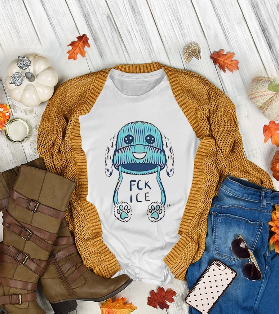 FCK ICE Blue Winter Hat Cartoon with Paw Prints T-Shirt