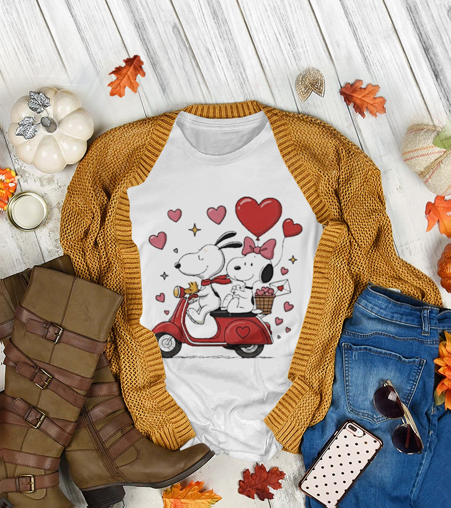 Valentines Day Snoopy Couple Riding Scooter with Hearts and Balloons T-Shirt