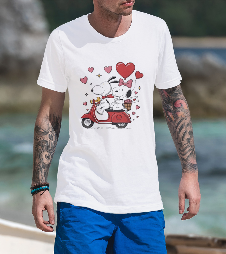 Valentines Day Snoopy Couple Riding Scooter With Hearts And Balloons T-Shirt