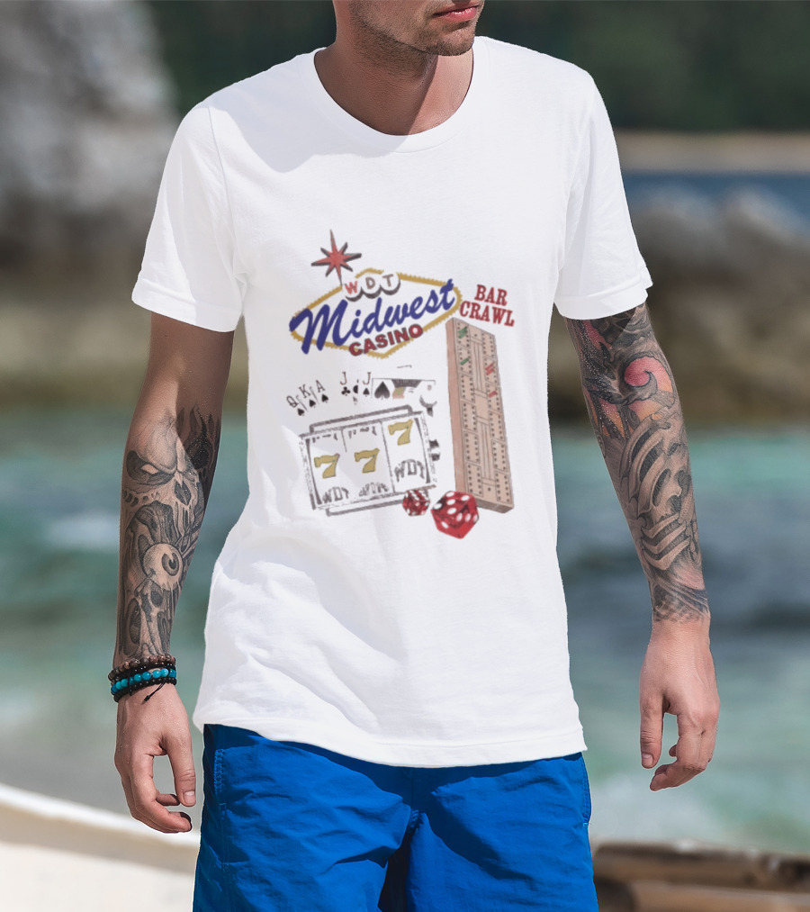 Wisconsin Midwest Casino Bar Crawl Slot Machine Dice Playing Cards Cribbage Board T-Shirt