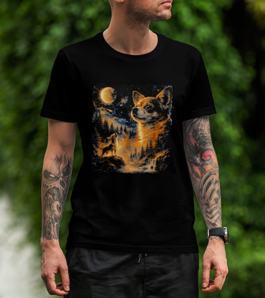 Chihuahua Howling 90s Nostalgia Moonlit Wilderness Scene T-Shirt