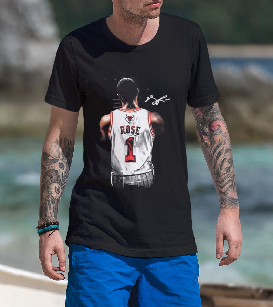 Derrick Rose Chicago Bulls Autographed Jersey Number 1 NBA T-Shirt