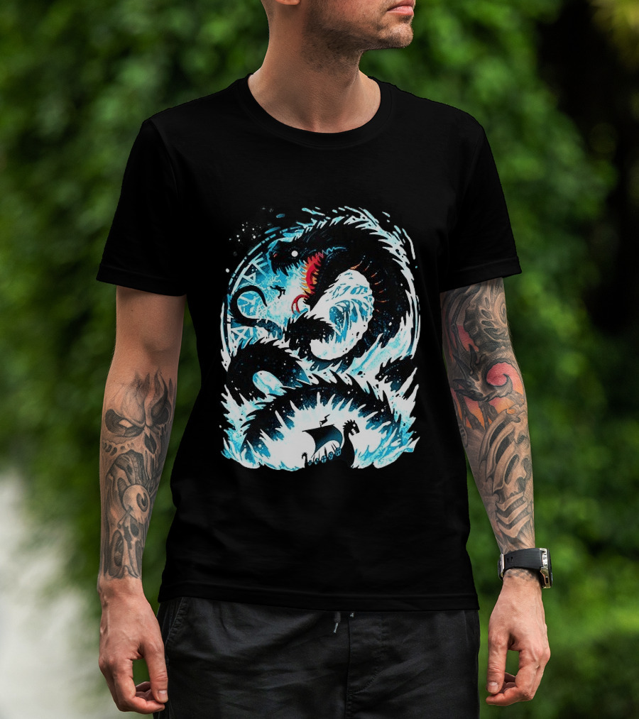 Jörmungandr World Serpent Norse Mythology Viking Ship Ocean Waves T-Shirt