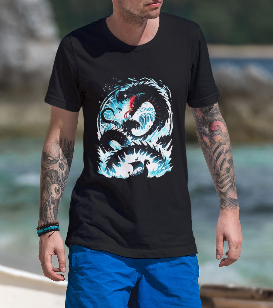 Jörmungandr World Serpent Norse Mythology Viking Ship Ocean Waves T-Shirt