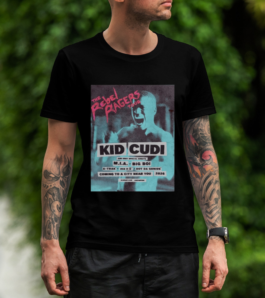 Kid Cudi The Rebel Ragers Tour 2026 Featuring M.I.A. Big Boi A Trak And Dot Da Genius T-Shirt