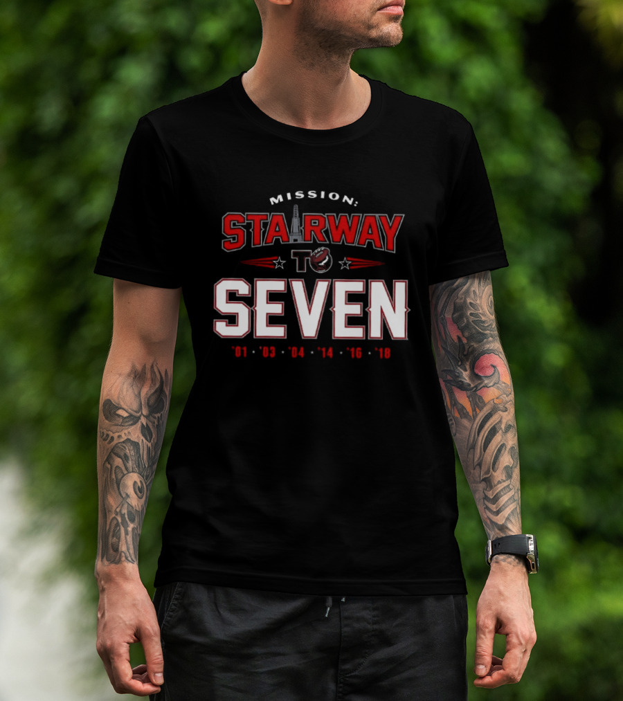 New England Patriots Mission Stairway To Seven Championship Years 2001 2003 2004 2014 2016 2018 T-Shirt