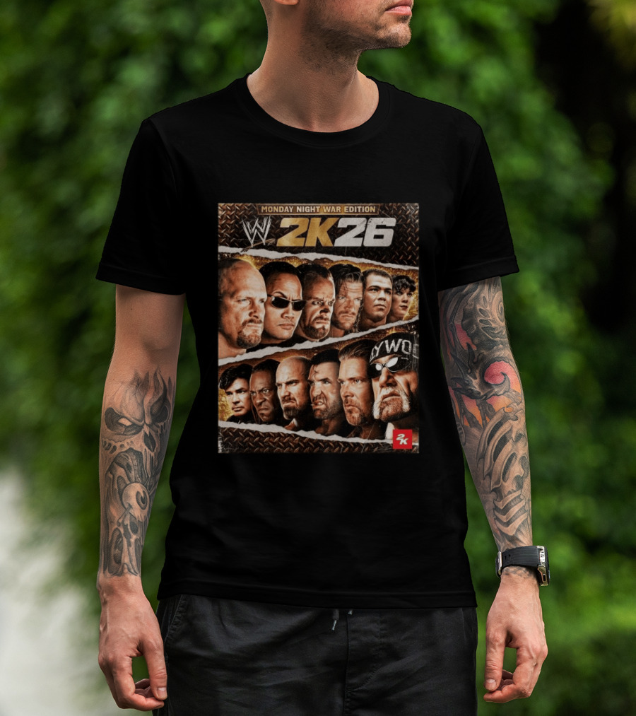 WWE 2K26 Monday Night War Edition Stone Cold Steve Austin Hollywood Hogan The Rock Shawn Michaels Triple H Cover T-Shirt