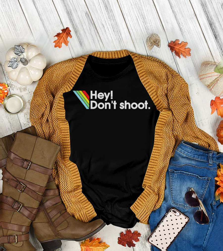 Hey Don't Shoot Arc Raiders Retro Rainbow Stripes T-Shirt