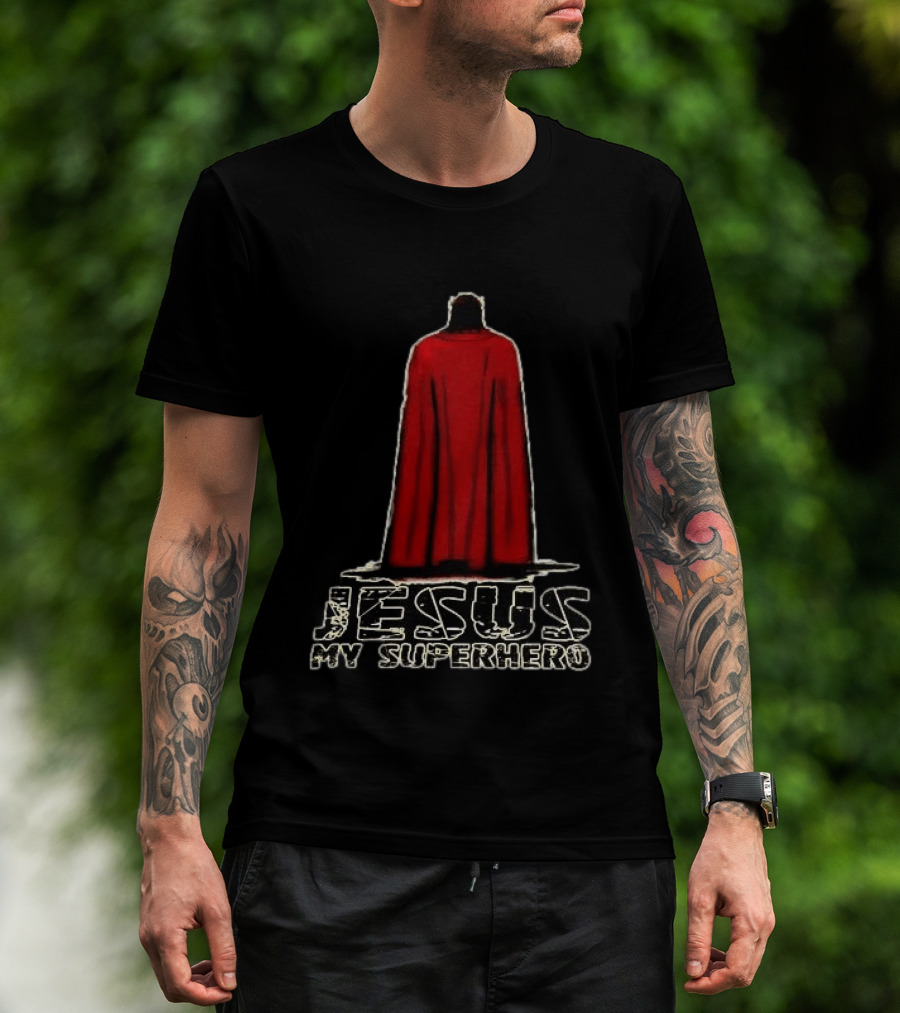 Jesus My Superhero Red Cape Christian Strength T-Shirt