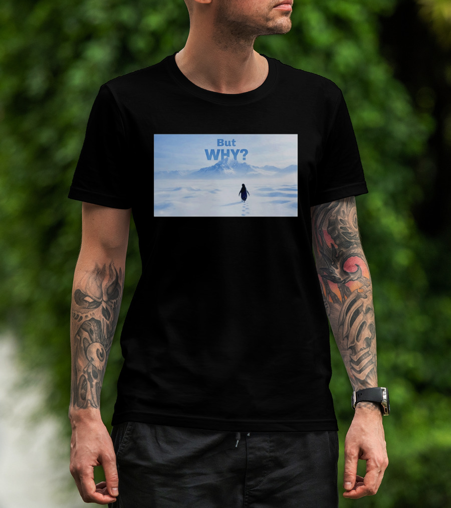 Nihilist Penguin But Why Snowy Mountains And Footprints T-Shirt