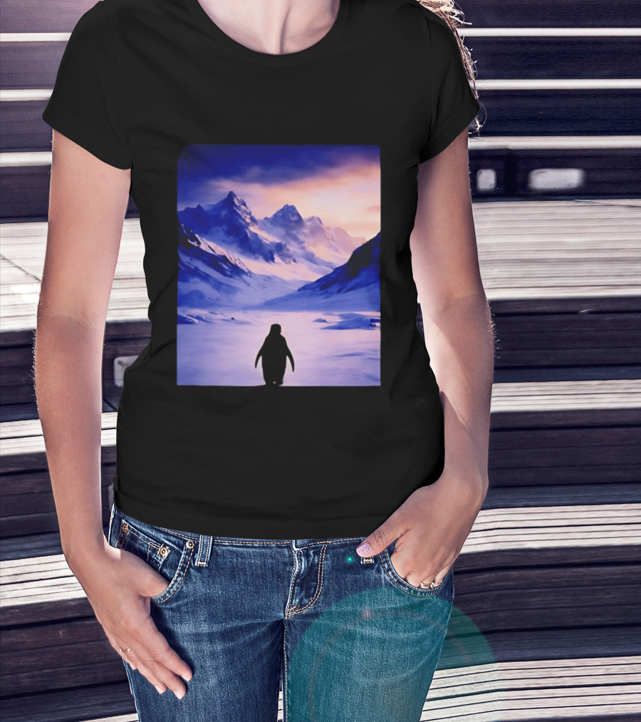Nihilist Penguin Silhouette In Mountainous Ice Landscape T-Shirt