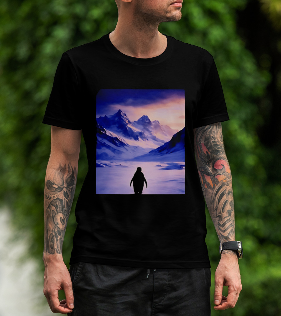 Nihilist Penguin Silhouette In Mountainous Ice Landscape T-Shirt