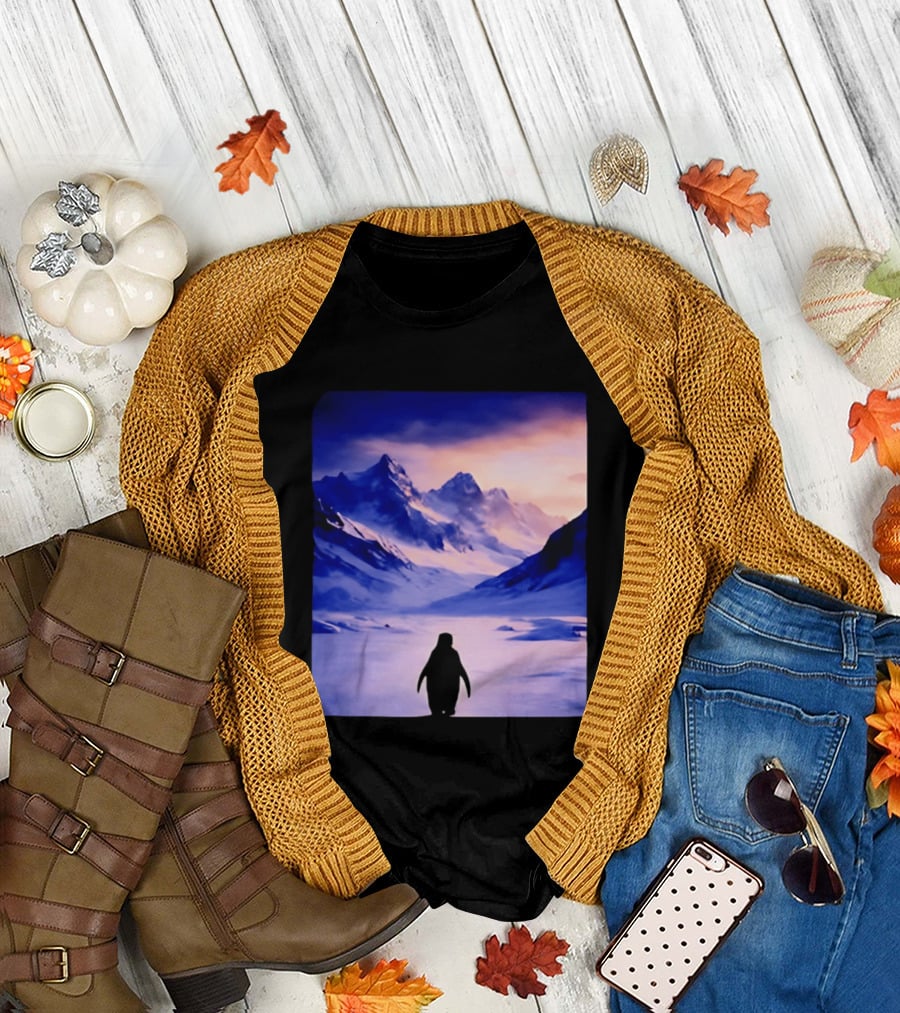 Nihilist Penguin Silhouette in Mountainous Ice Landscape T-Shirt