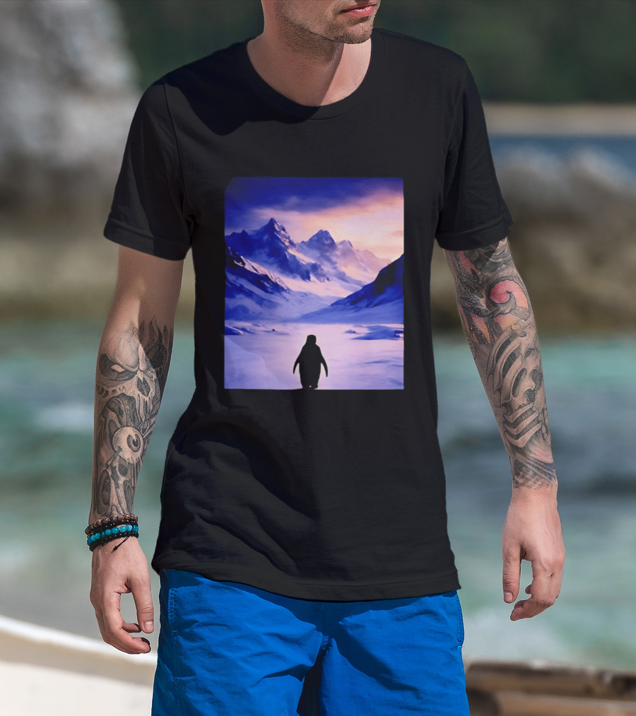 Nihilist Penguin Silhouette In Mountainous Ice Landscape T-Shirt