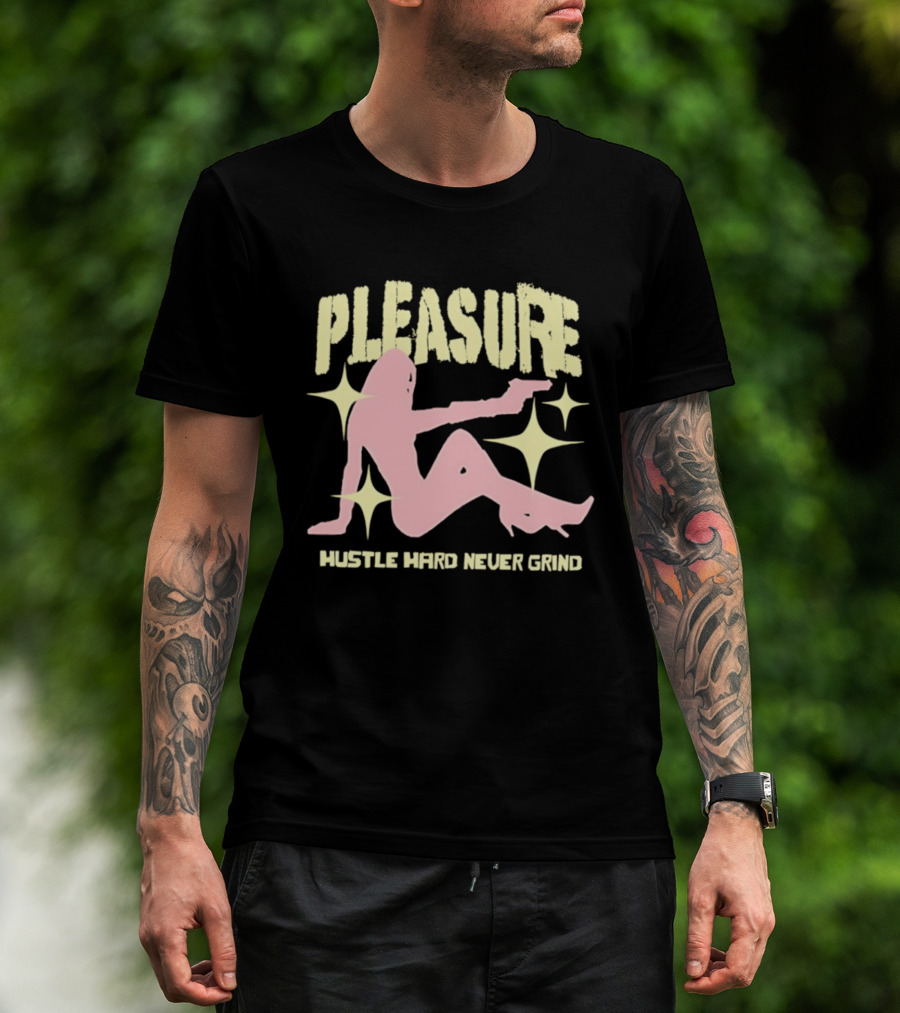Pleasure Hustle Hard Never Grind Pink Silhouette With Stars T-Shirt