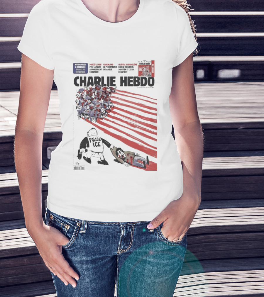 Charlie Hebdo ICE Officer With Flag And Migrant Scene T-Shirt