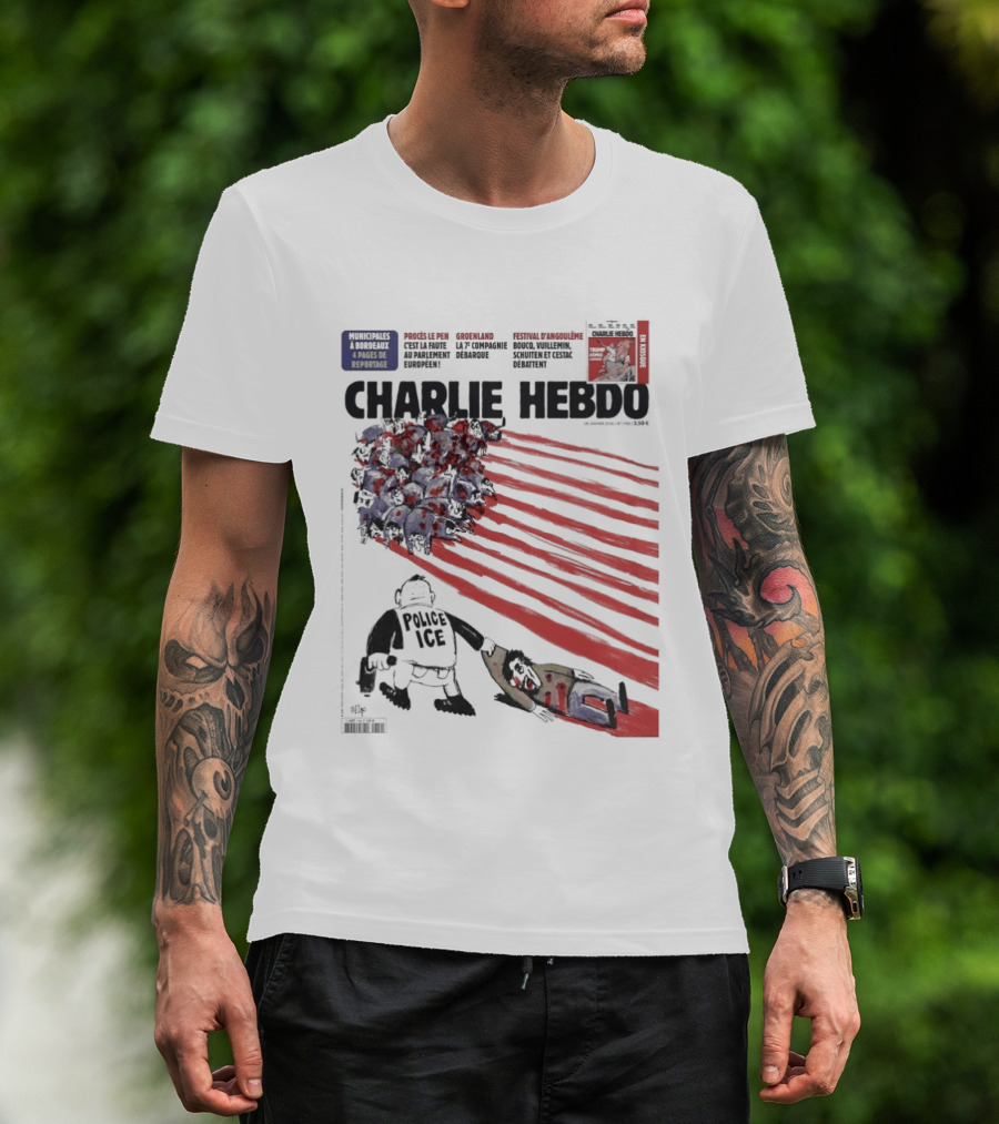 Charlie Hebdo ICE Officer With Flag And Migrant Scene T-Shirt