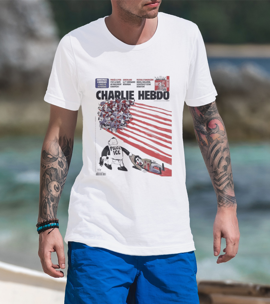 Charlie Hebdo ICE Officer With Flag And Migrant Scene T-Shirt