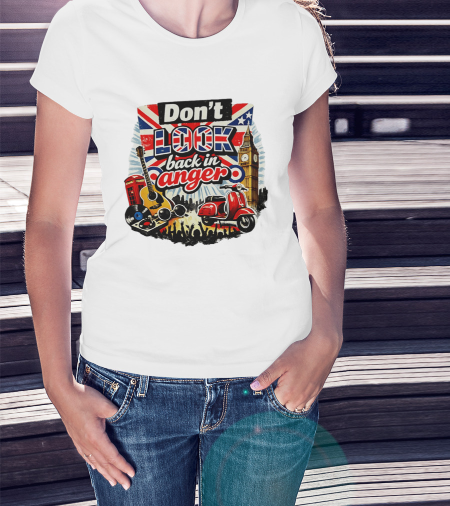 Don't Look Back In Anger UK Flag Vespa Guitar Big Ben Music T-Shirt