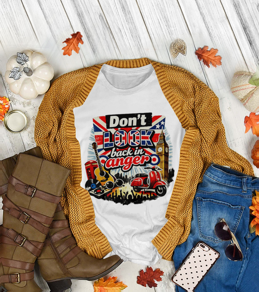 Don't Look Back in Anger UK Flag Vespa Guitar Big Ben Music T-Shirt