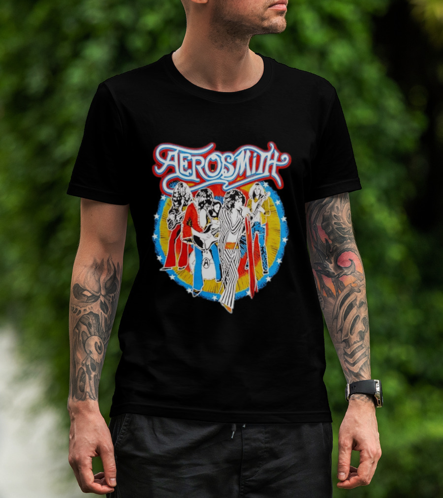 Aerosmith Vintage Band Members Illustration With Stars And Sunburst T-Shirt
