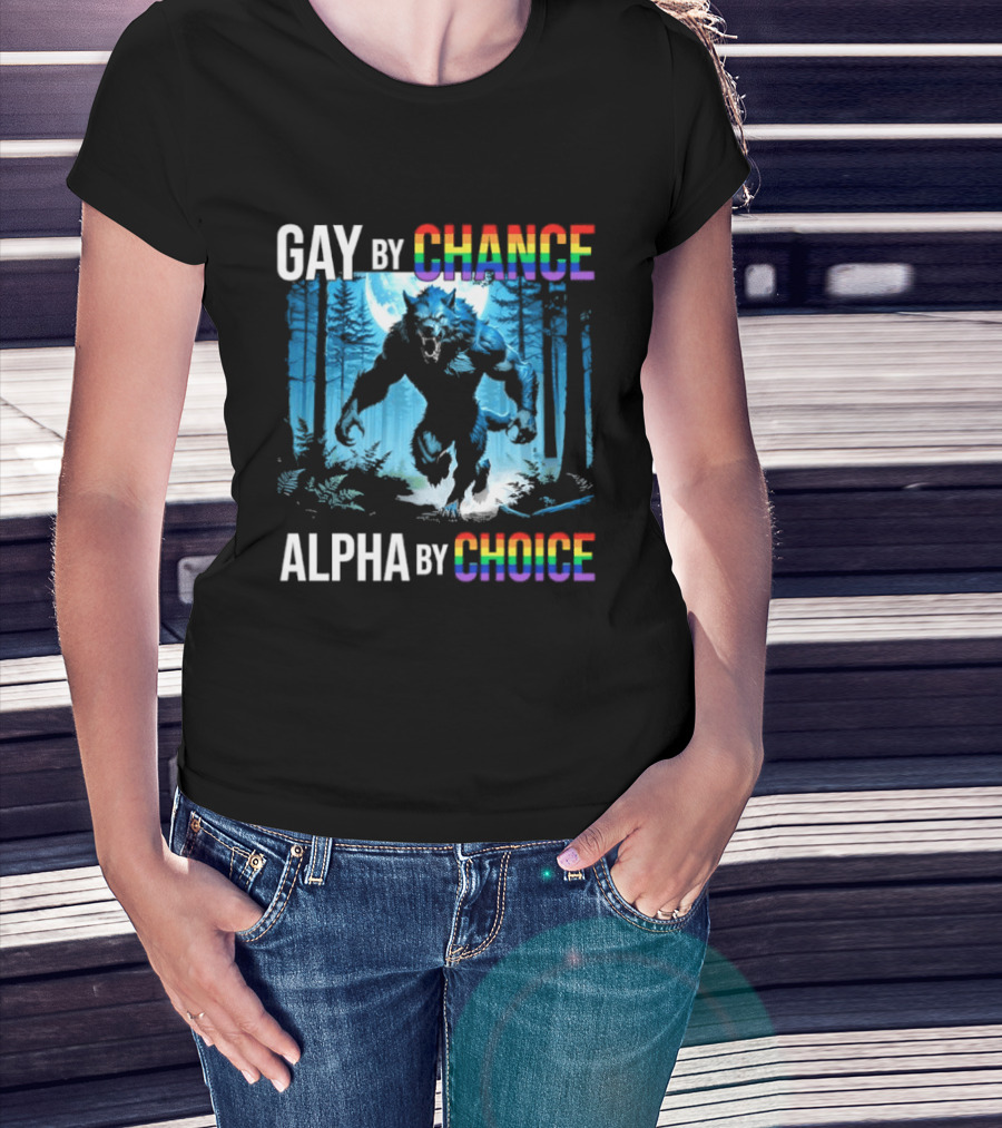 Gay By Chance Alpha By Choice Wolf LGBT Rainbow Forest Moon T-Shirt