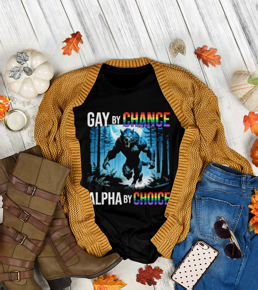 Gay By Chance Alpha By Choice Wolf LGBT Rainbow Forest Moon T-Shirt