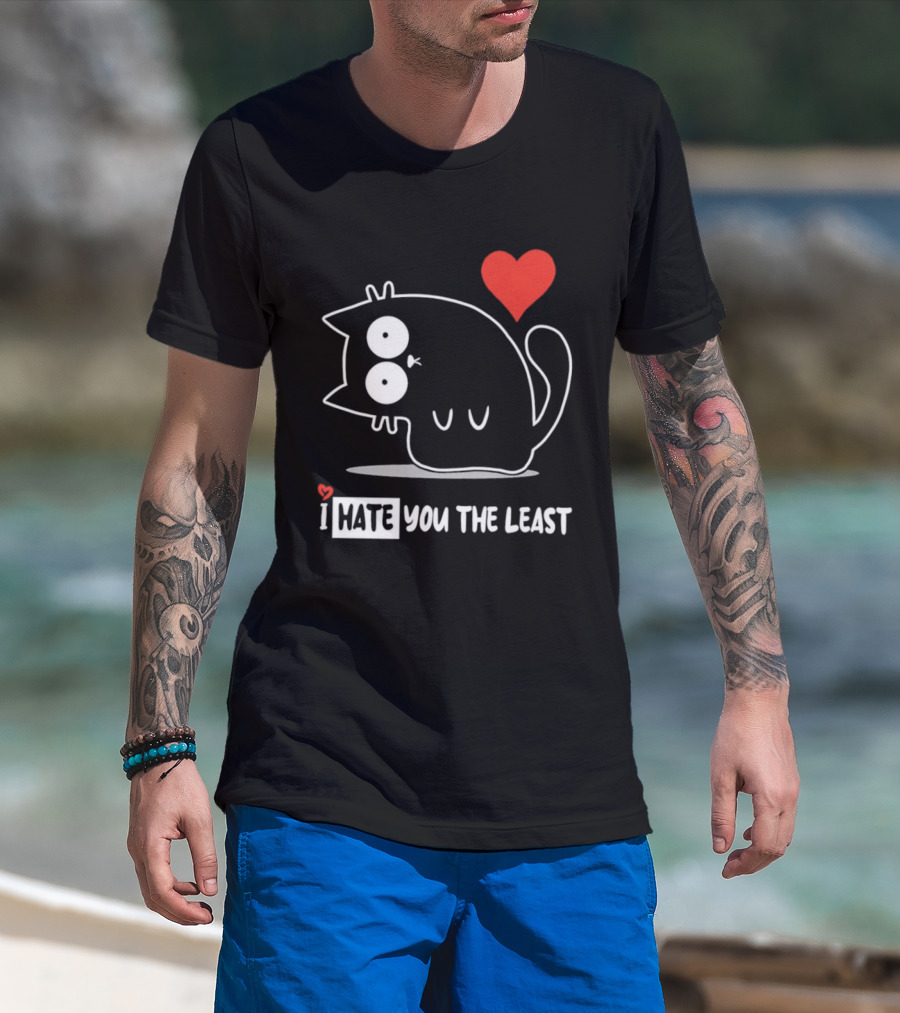 I Hate You The Least Black Cat Cartoon Red Heart Humor T-Shirt