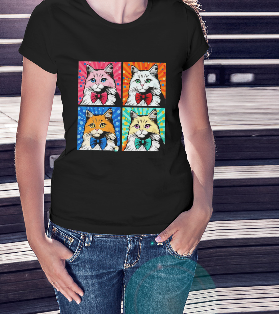 Pop Art Pop Four Panel Colorful Cats Wearing Bowties Kilkennycat T-Shirt