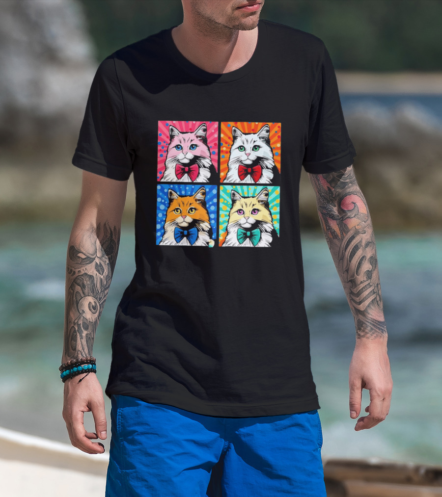 Pop Art Pop Four Panel Colorful Cats Wearing Bowties Kilkennycat T-Shirt