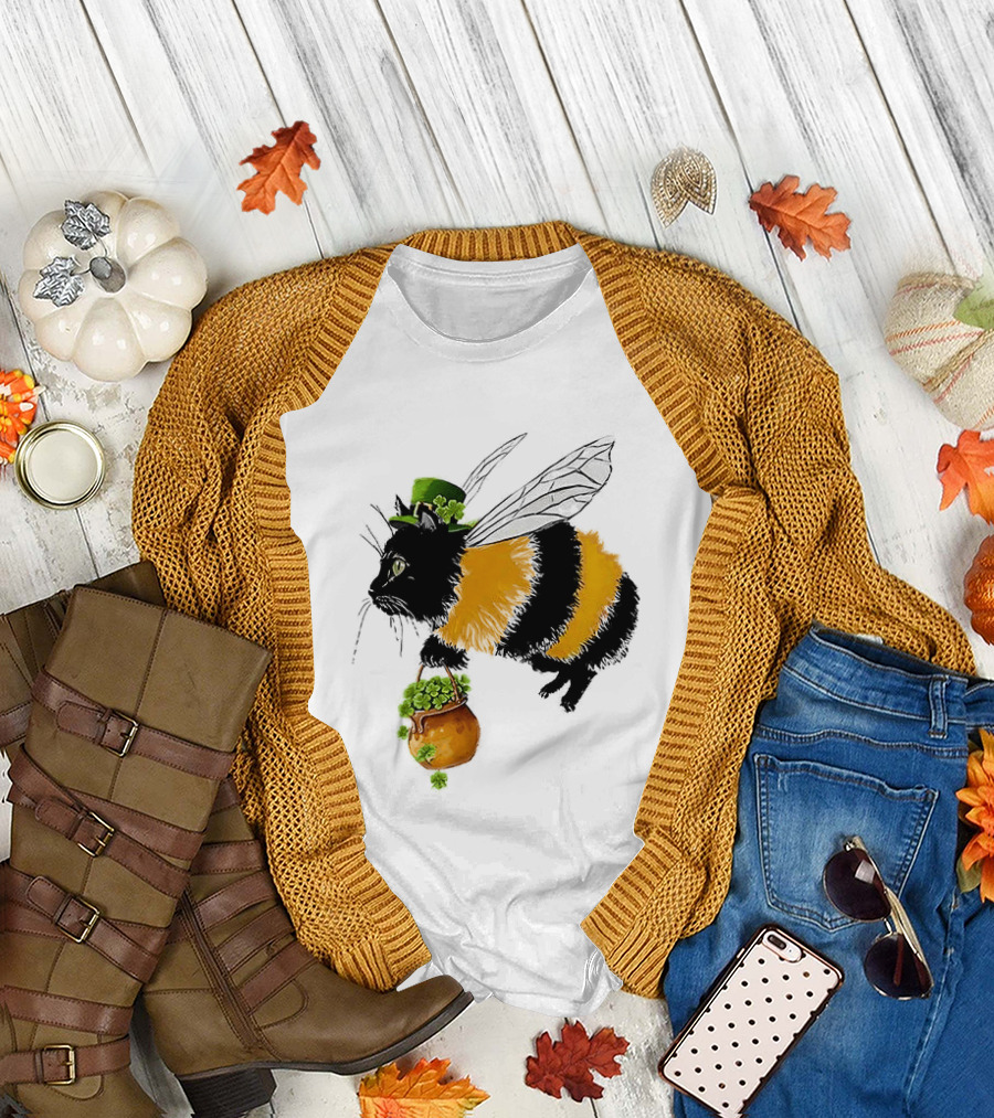 Catbee Lucky Buzz Cat with Clover and Leprechaun Hat T-Shirt