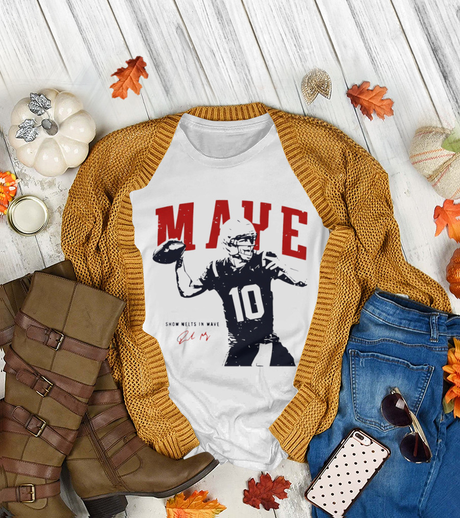 Drake Maye 10 New England Patriots Snow Melts in Wave T-Shirt