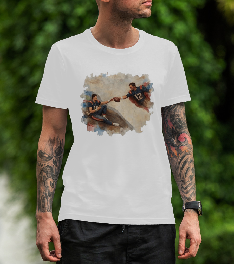 New England Football Brady Number 12 And Maye Number 10 Handing Football Painting T-Shirt