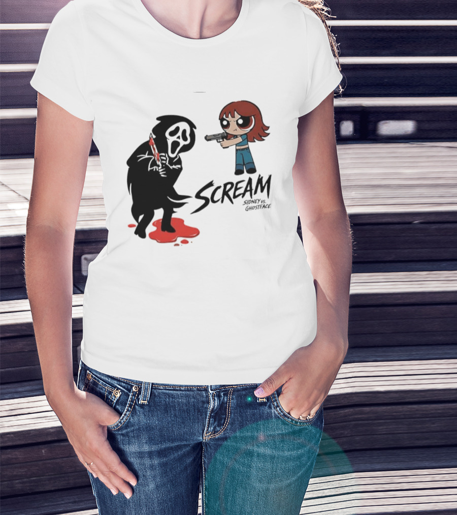 Scream Sidney Vs. Ghostface Cartoon Style Showdown With Knife And Splatter T-Shirt