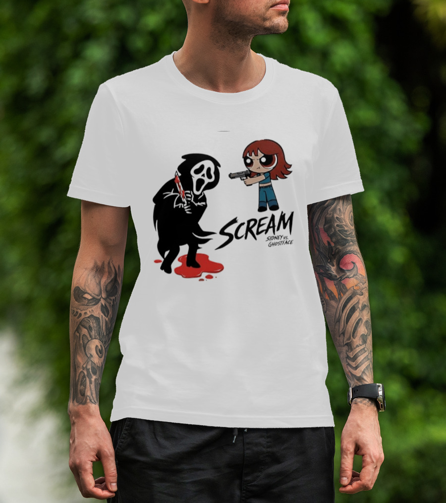 Scream Sidney Vs. Ghostface Cartoon Style Showdown With Knife And Splatter T-Shirt