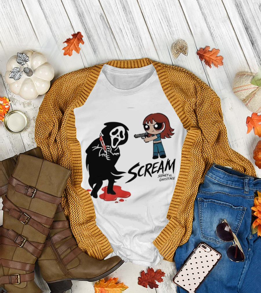 Scream Sidney Vs. Ghostface Cartoon Style Showdown With Knife And Splatter T-Shirt